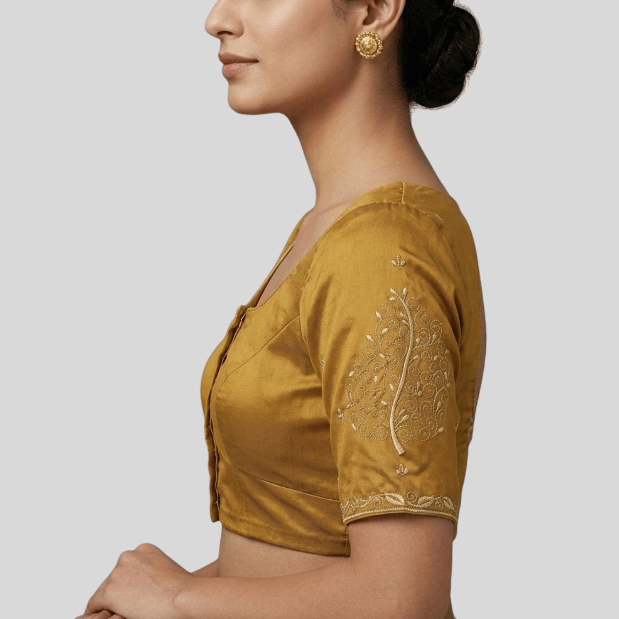 Silk Cotton Simple Leaf Embroidered Blouse,Made to Order