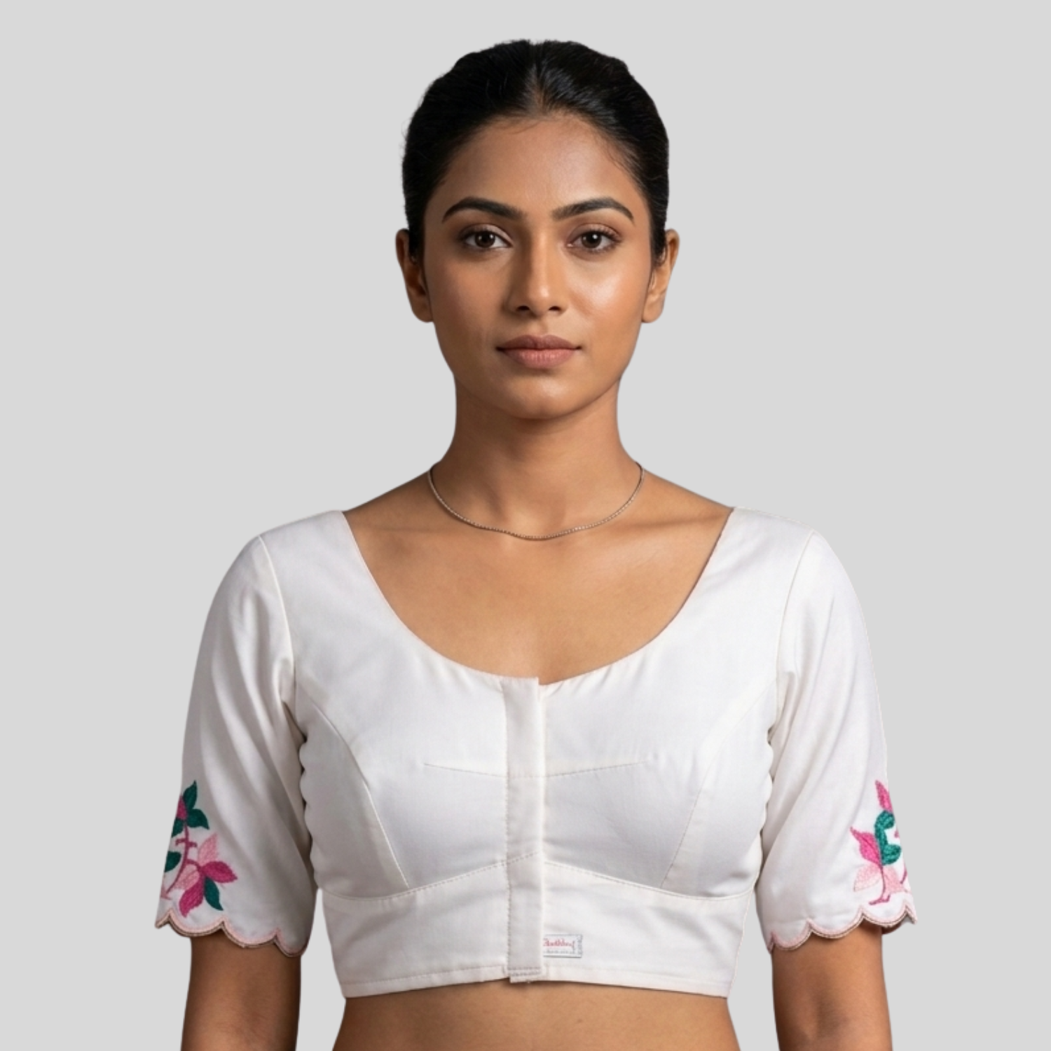 White Silk Cotton Front Open Embroidered Blouse