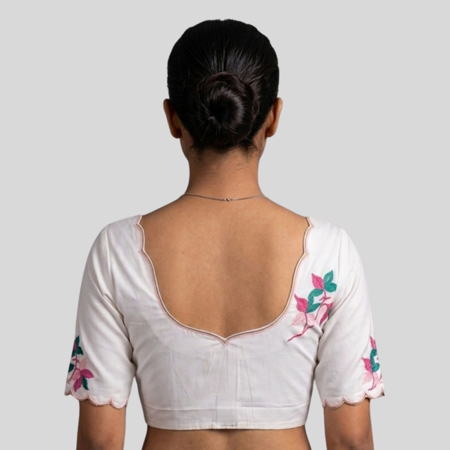 White Fancy Neck Simple embroidered Silk cotton blouse