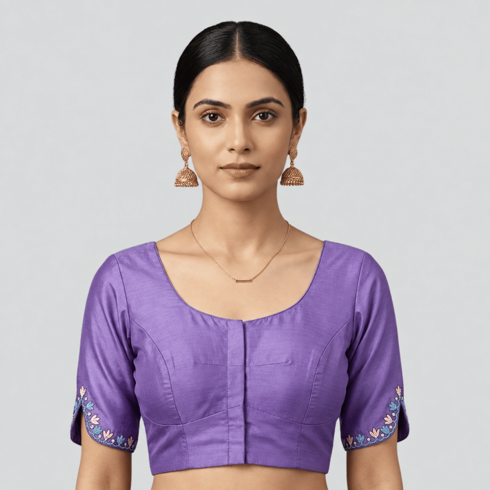 Silk Cotton V-Neck Embroidered Blouse ,Made To Order