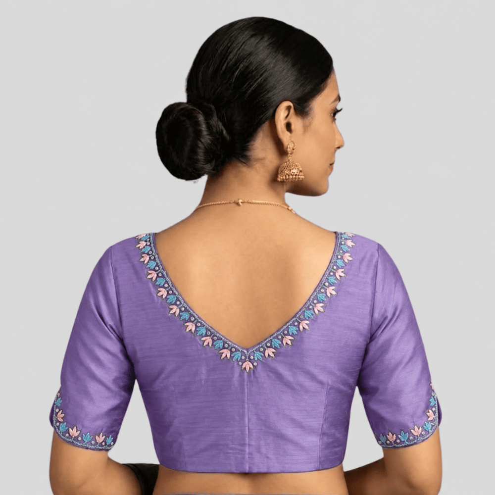 Silk Cotton V-Neck Embroidered Blouse ,Made To Order