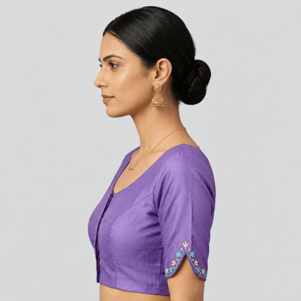 Silk Cotton V-Neck Embroidered Blouse ,Made To Order