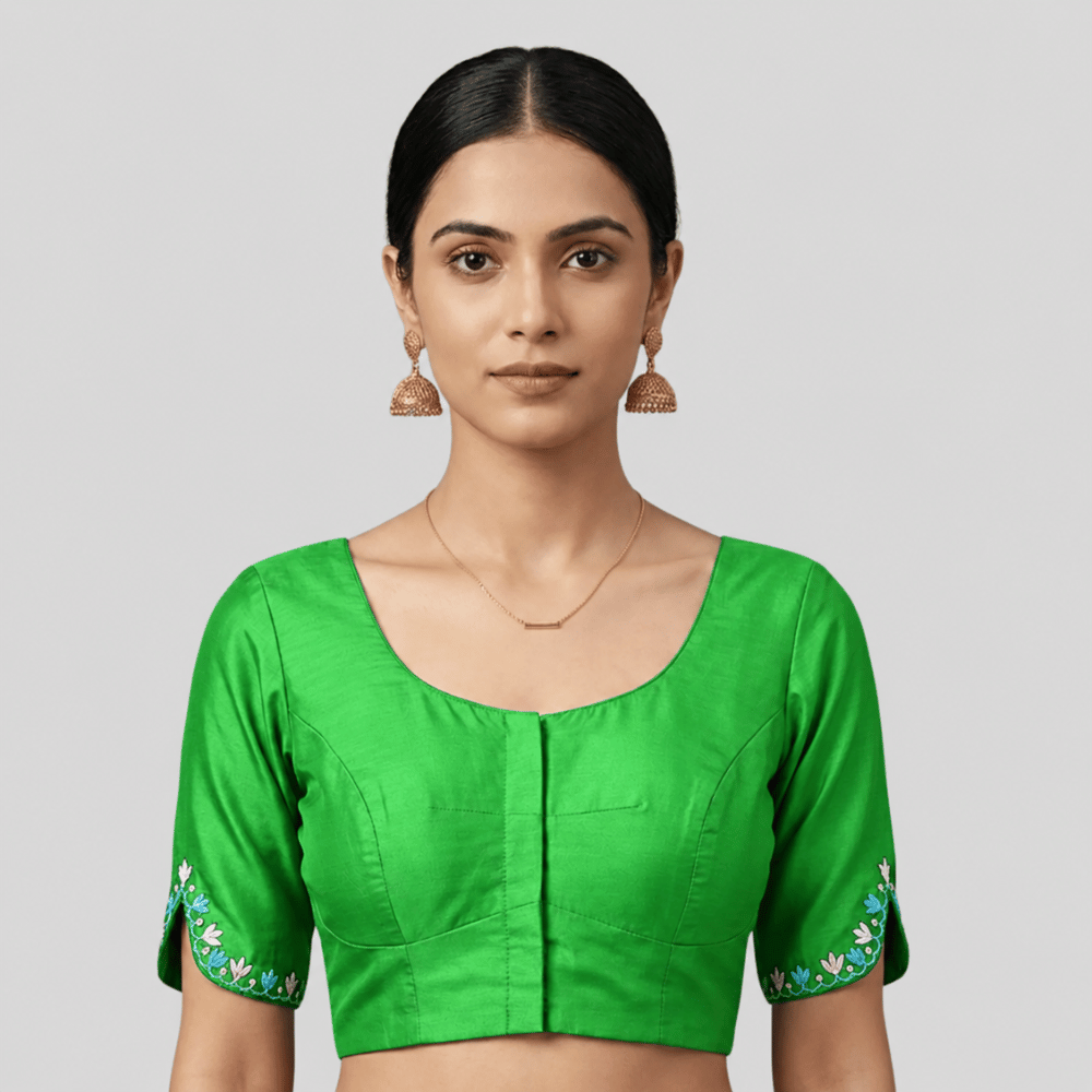 Silk Cotton V-Neck Embroidered Blouse ,Made To Order