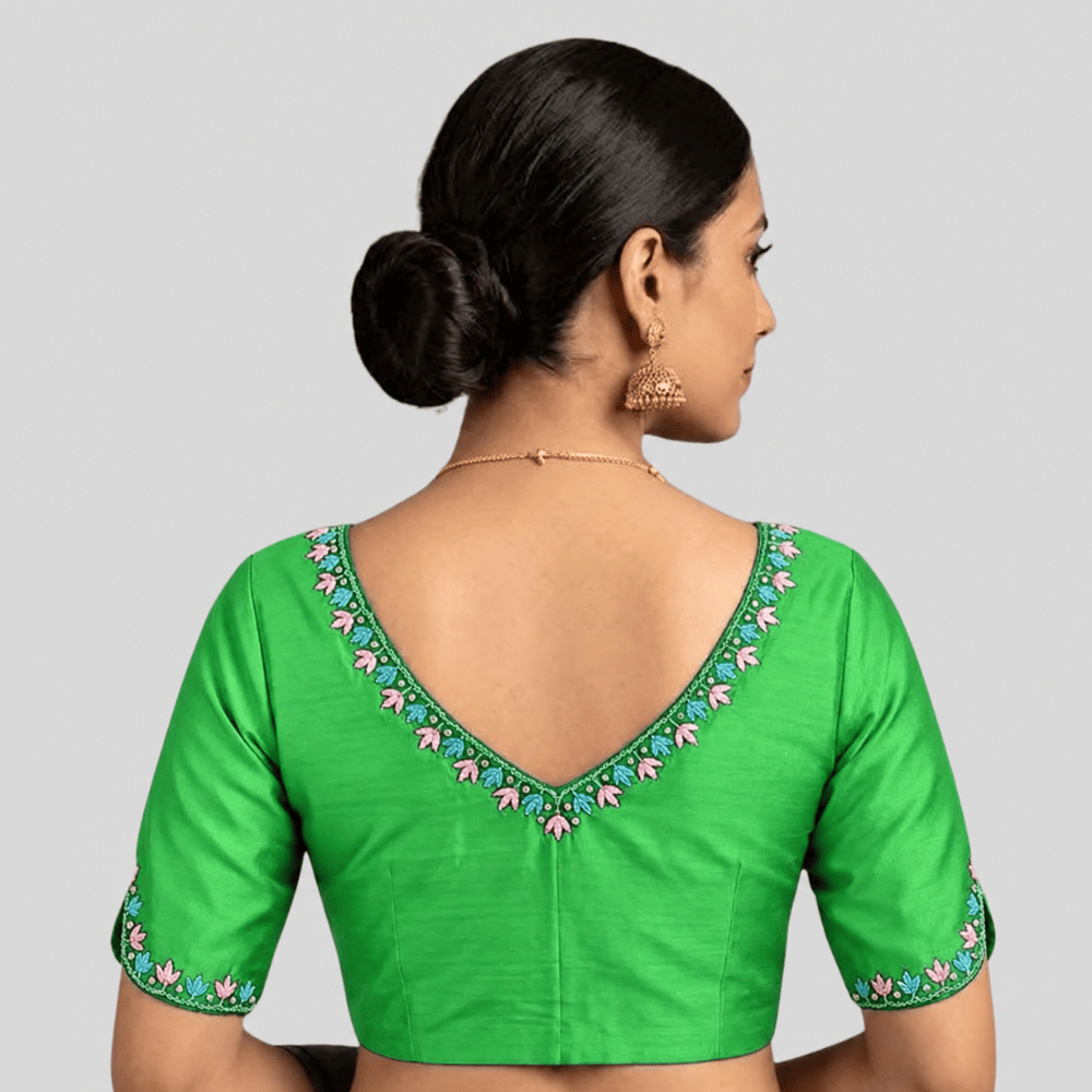 Silk Cotton V-Neck Embroidered Blouse ,Made To Order