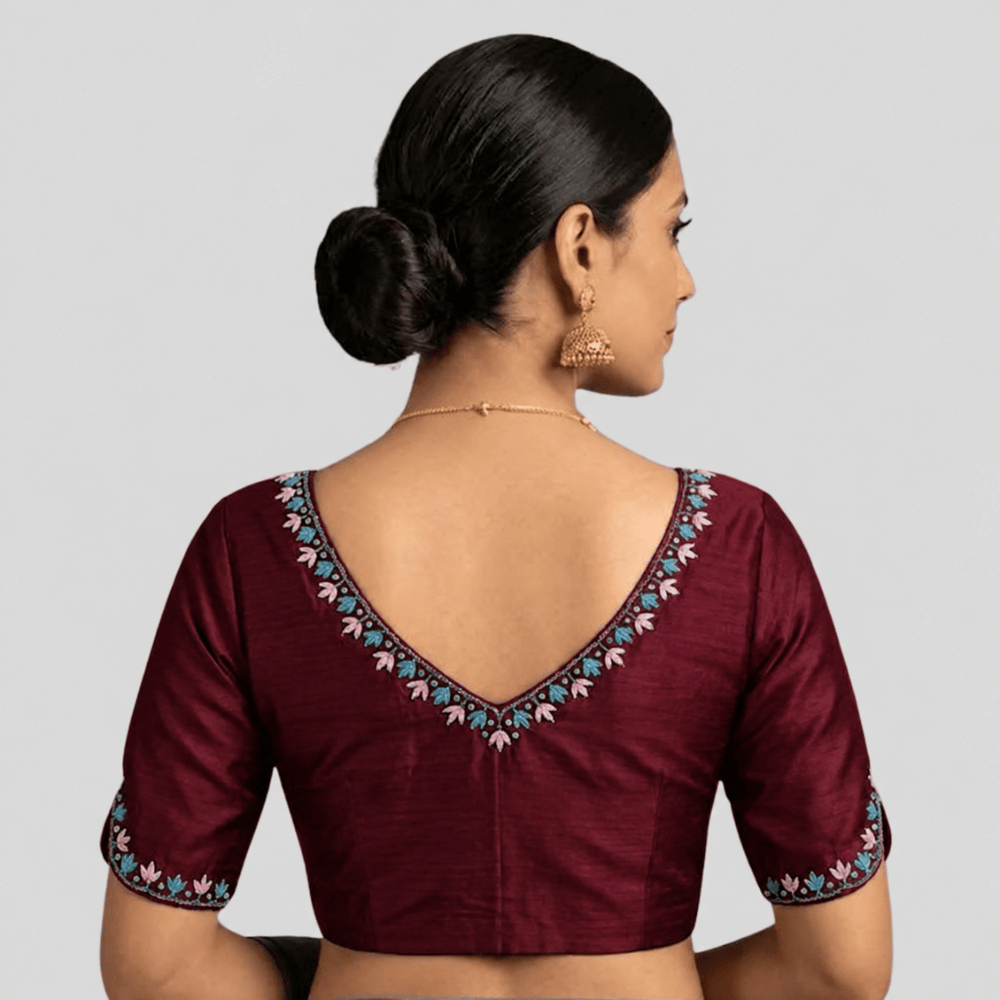 Silk Cotton V-Neck Embroidered Blouse ,Made To Order