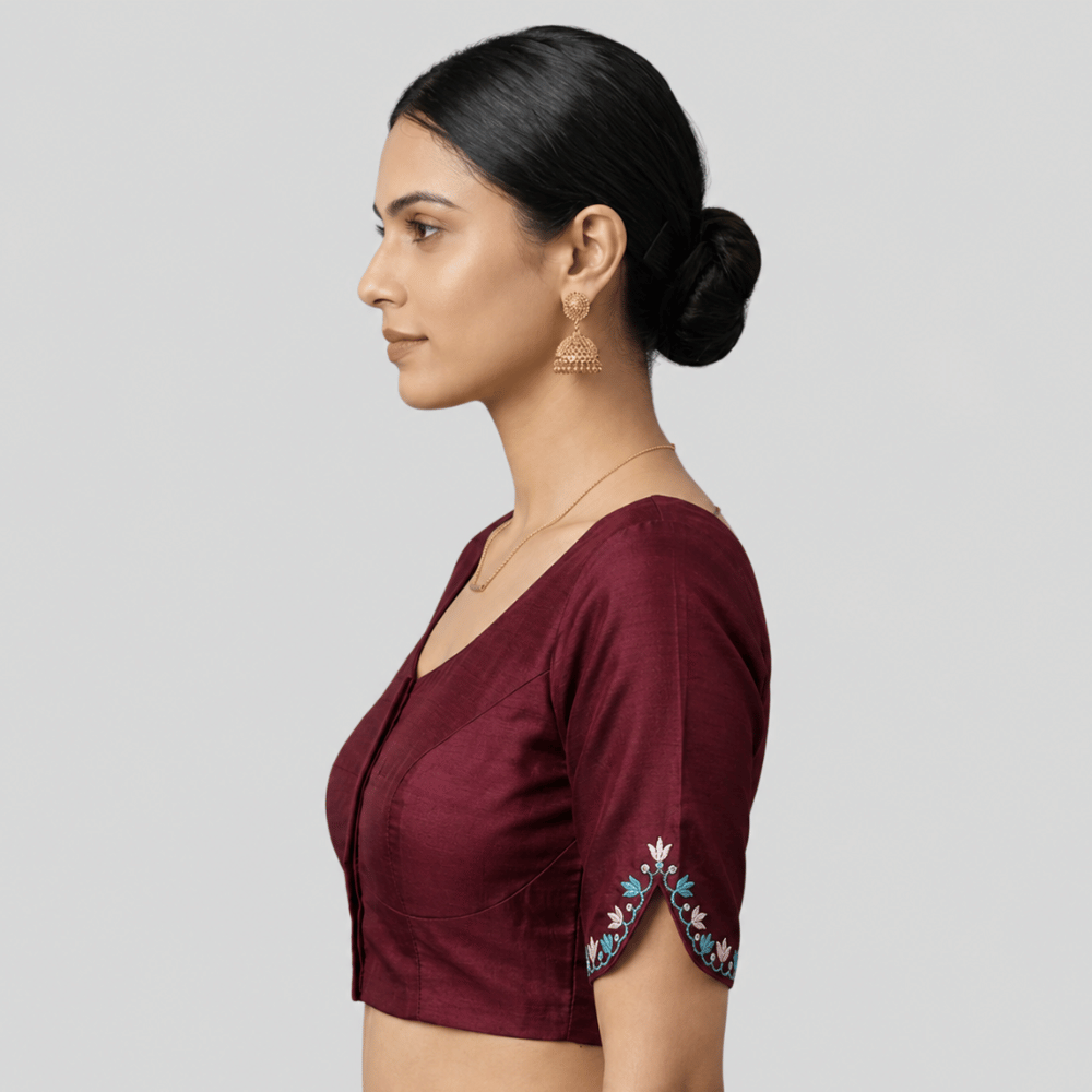 Silk Cotton V-Neck Embroidered Blouse ,Made To Order