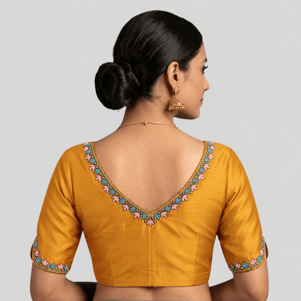 Silk Cotton V-Neck Embroidered Blouse ,Made To Order