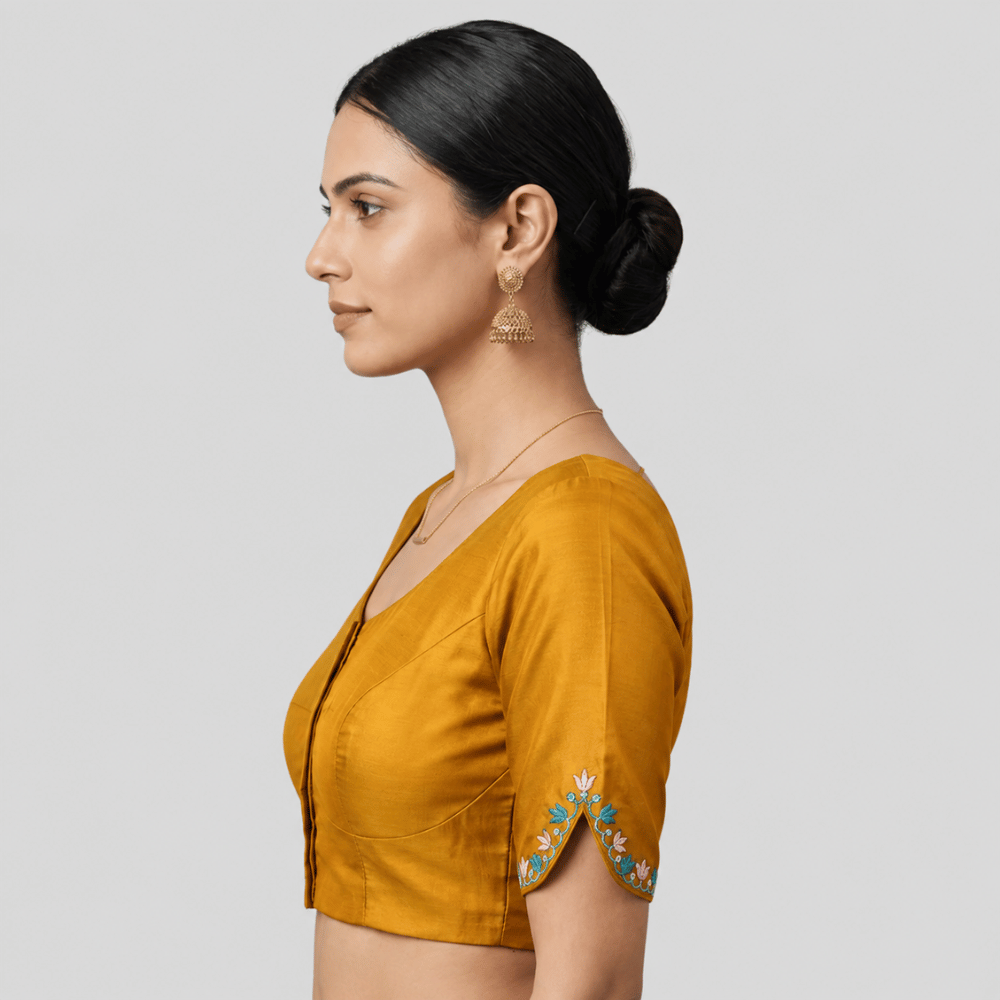 Silk Cotton V-Neck Embroidered Blouse ,Made To Order