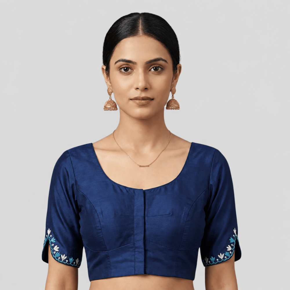 Silk Cotton V-Neck Embroidered Blouse ,Made To Order
