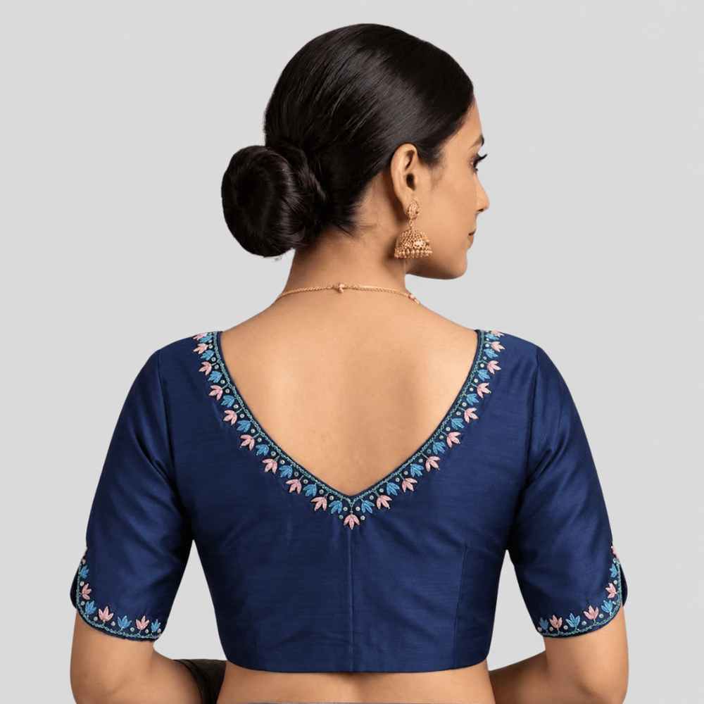 Silk Cotton V-Neck Embroidered Blouse ,Made To Order