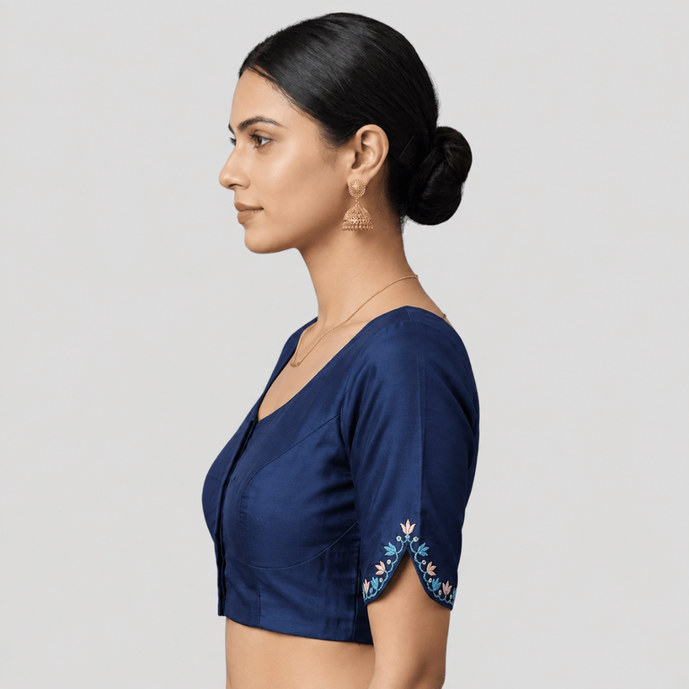 Silk Cotton V-Neck Embroidered Blouse ,Made To Order