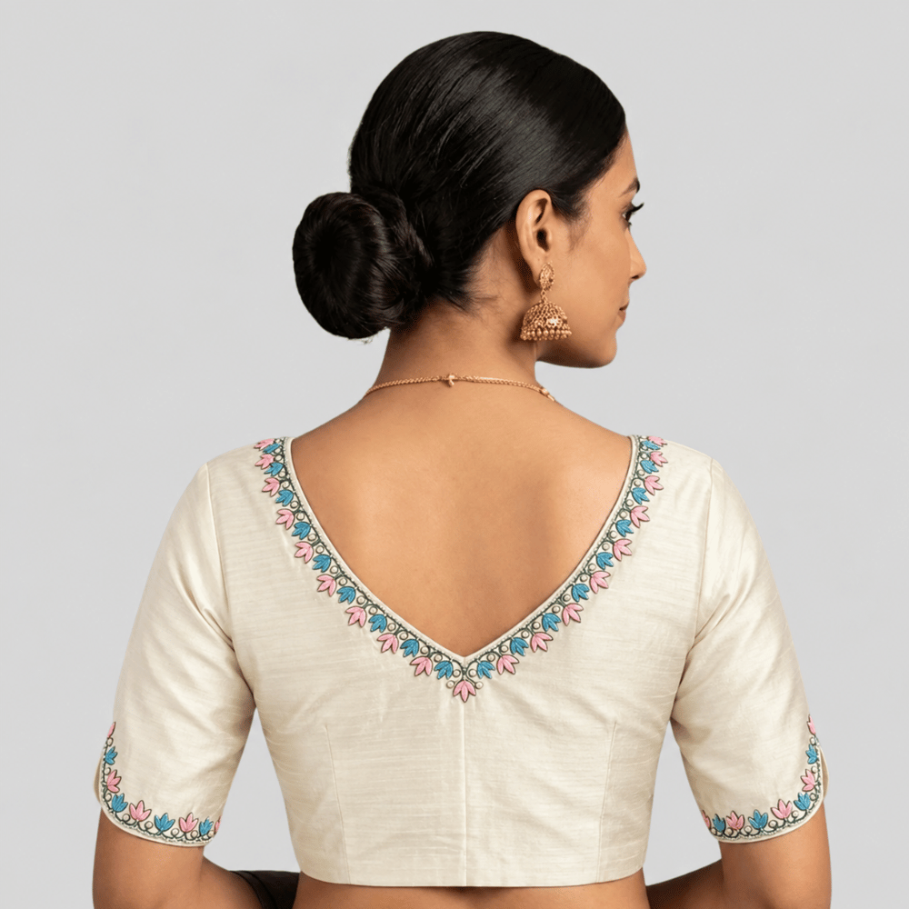 Silk Cotton V-Neck Embroidered Blouse ,Made To Order