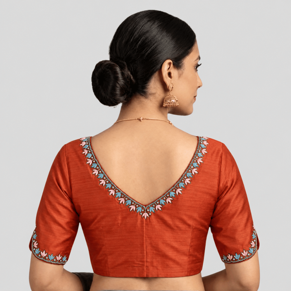 Silk Cotton V-Neck Embroidered Blouse ,Made To Order
