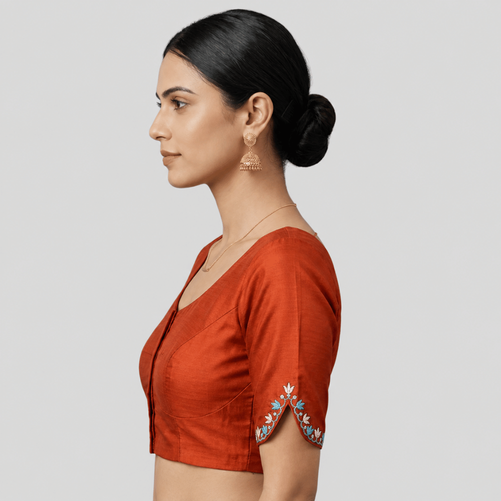 Silk Cotton V-Neck Embroidered Blouse ,Made To Order