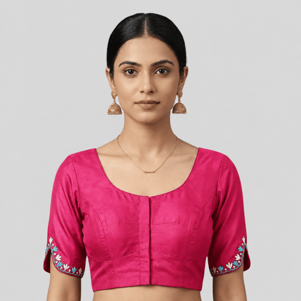 Silk Cotton V-Neck Embroidered Blouse ,Made To Order