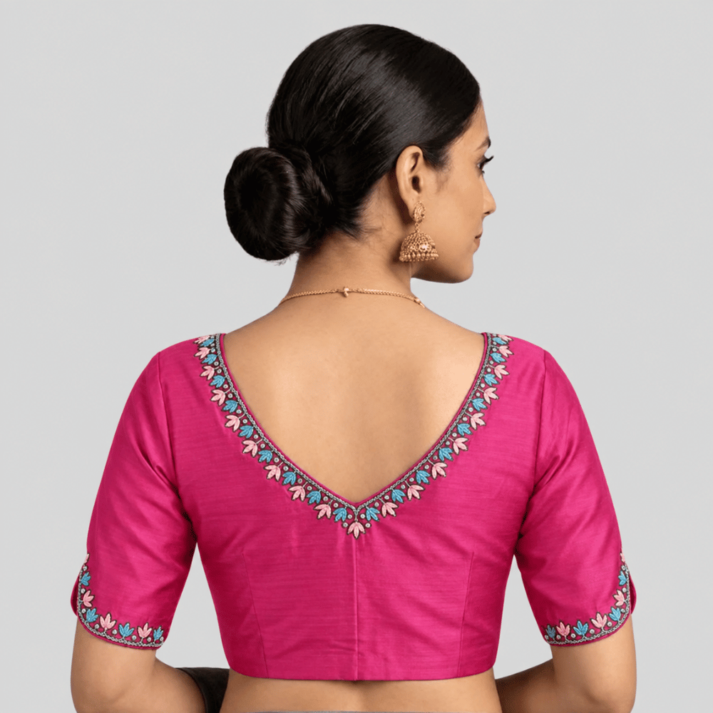 Silk Cotton V-Neck Embroidered Blouse ,Made To Order