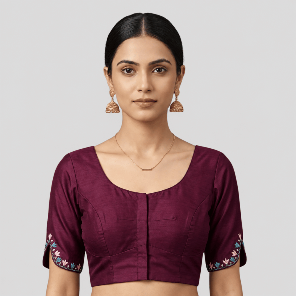 Silk Cotton V-Neck Embroidered Blouse ,Made To Order