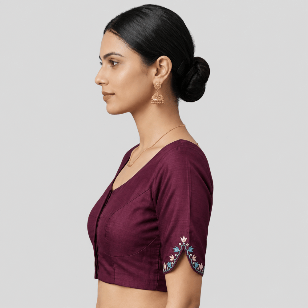 Silk Cotton V-Neck Embroidered Blouse ,Made To Order