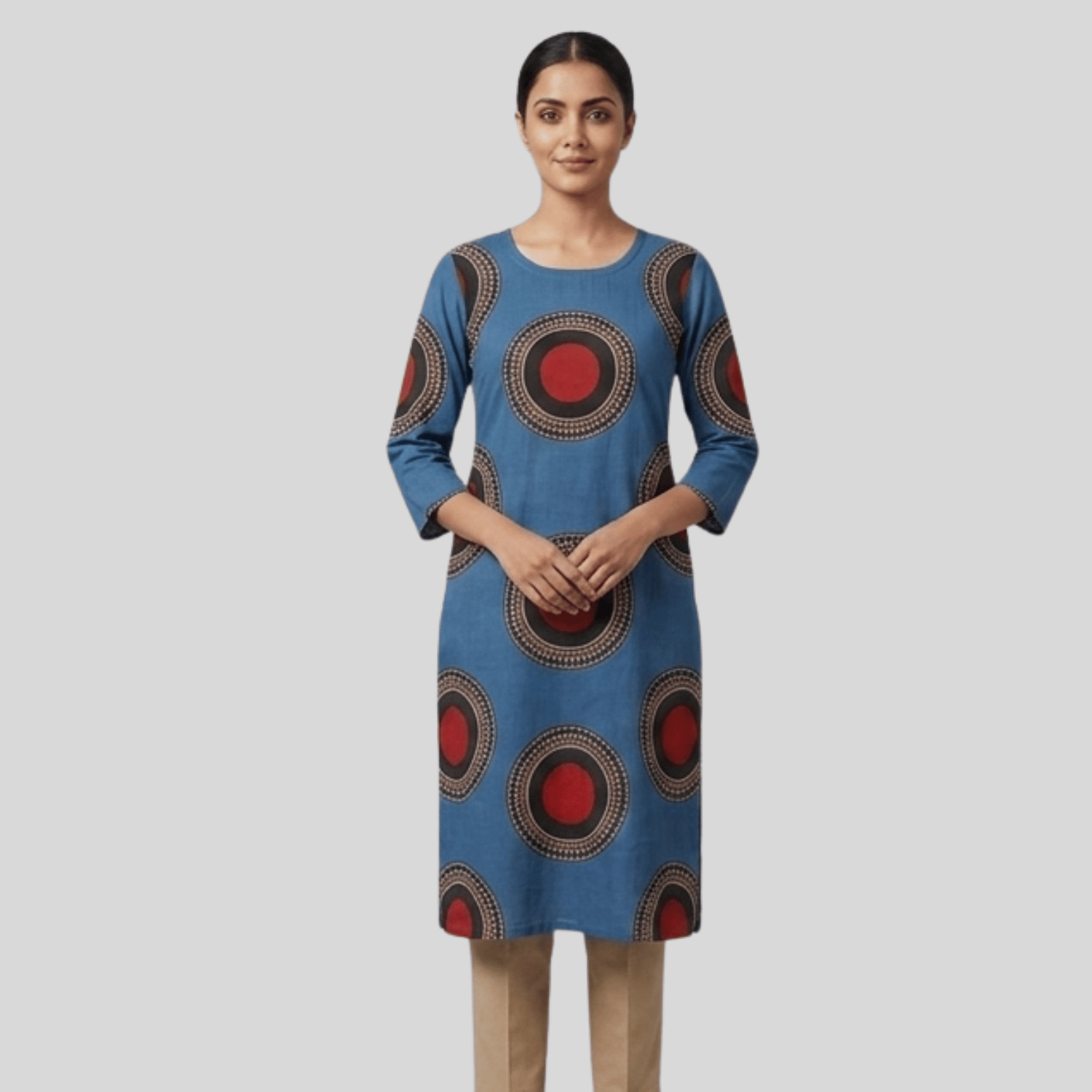 Blue Boat Neck Printed Kurti