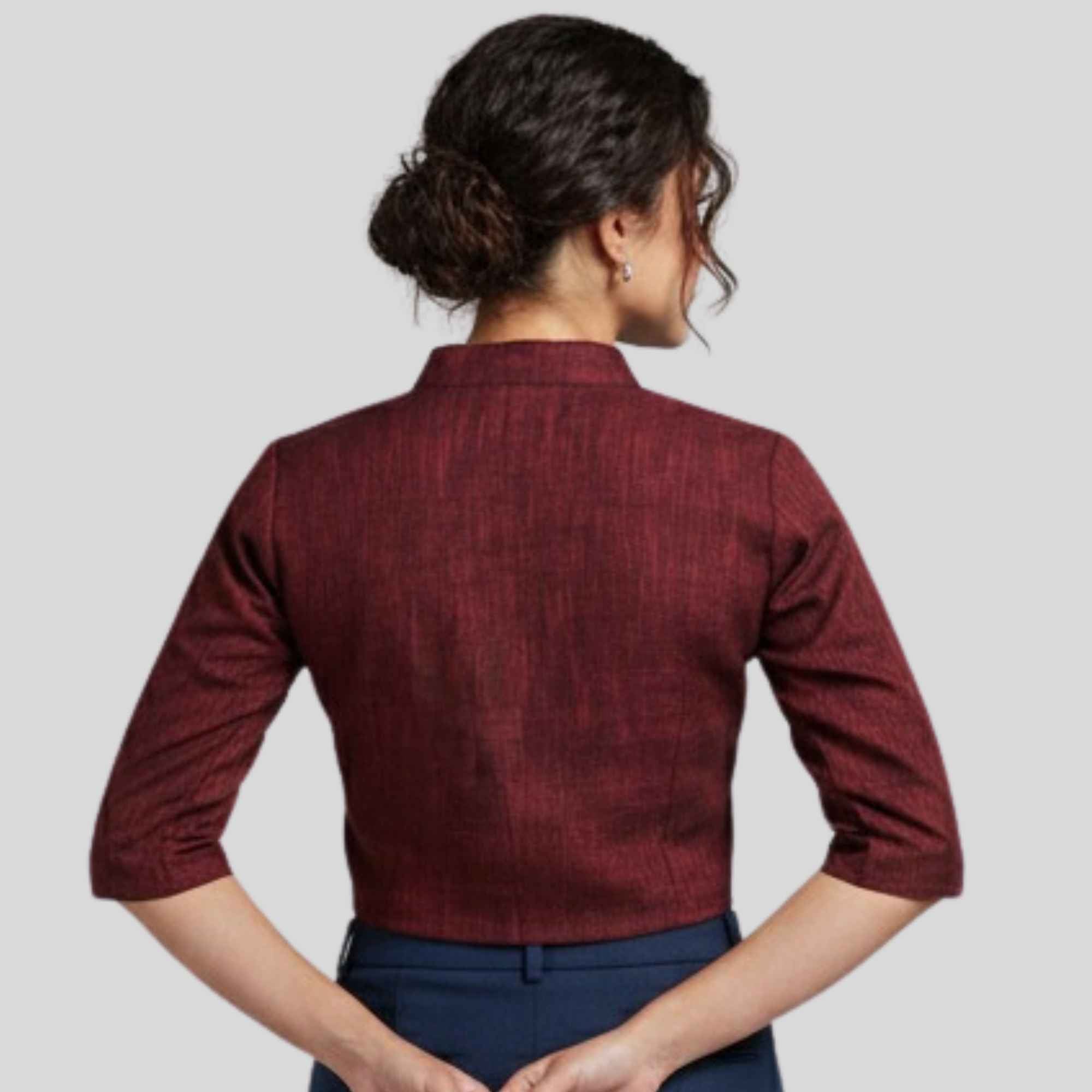 JISB Cotton Women's Mandarin Collar Elbow Sleeve Blouse