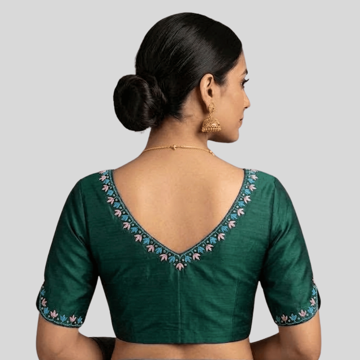 Silk Cotton V-Neck Embroidered Blouse ,Made To Order