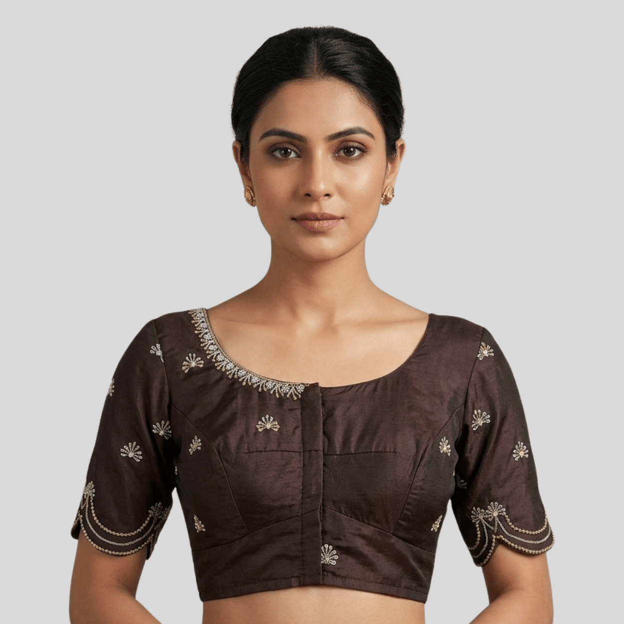  Embroidery With Scallop  Sleeve Blouse  