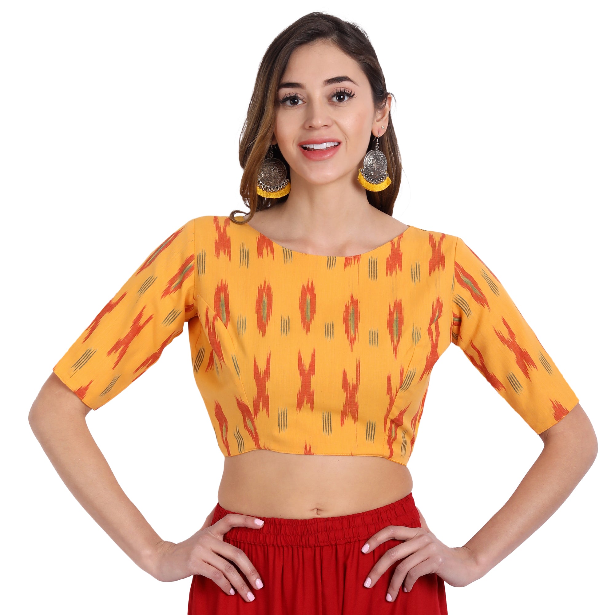 Ikkat Back Open Elbow Length Sleeve blouse, Yellow
