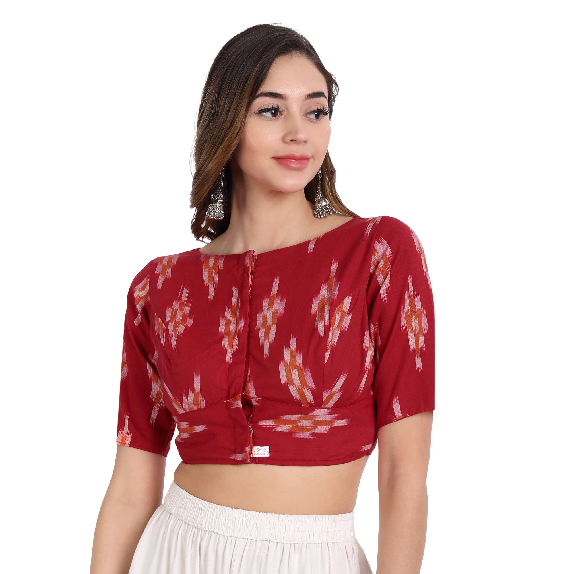 Ikkat Cotton Front Open & Princess Cut Elbow Sleeve Blouse, Red