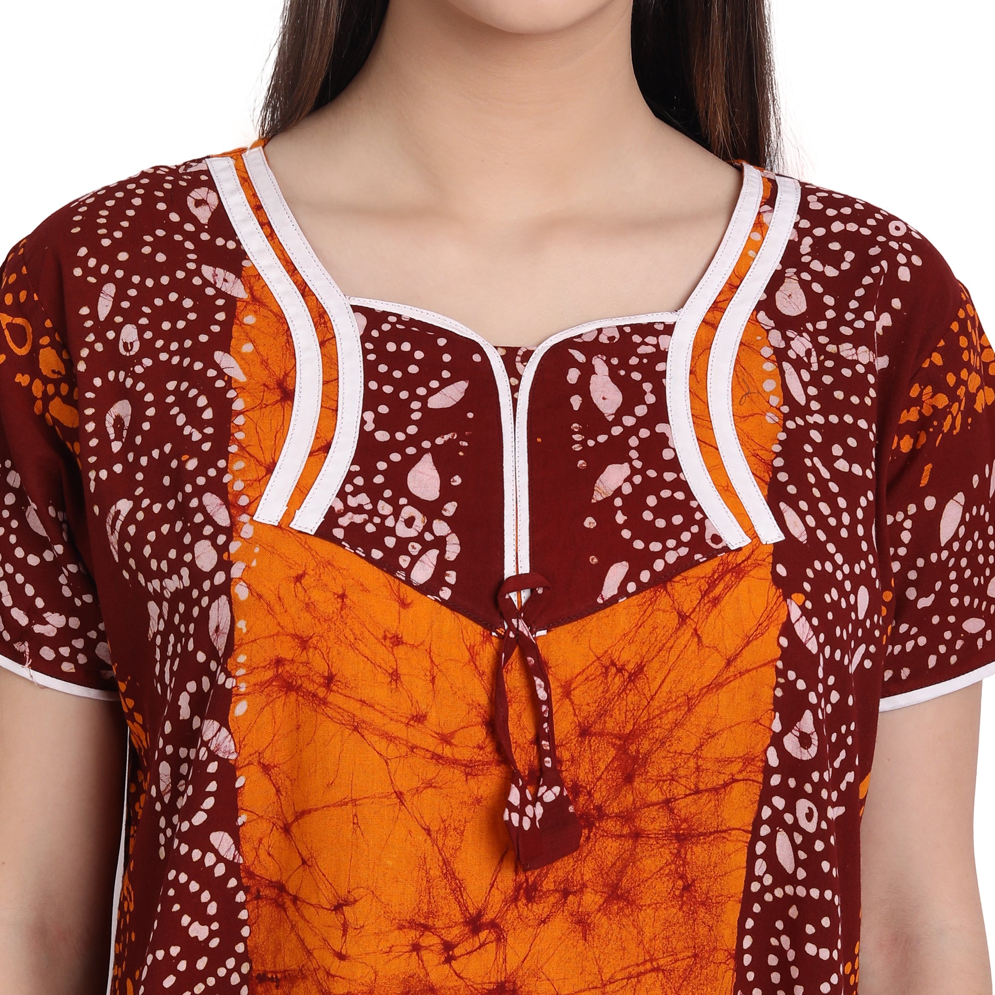 Cotton Batik Printed Maxi Nighty, Orange
