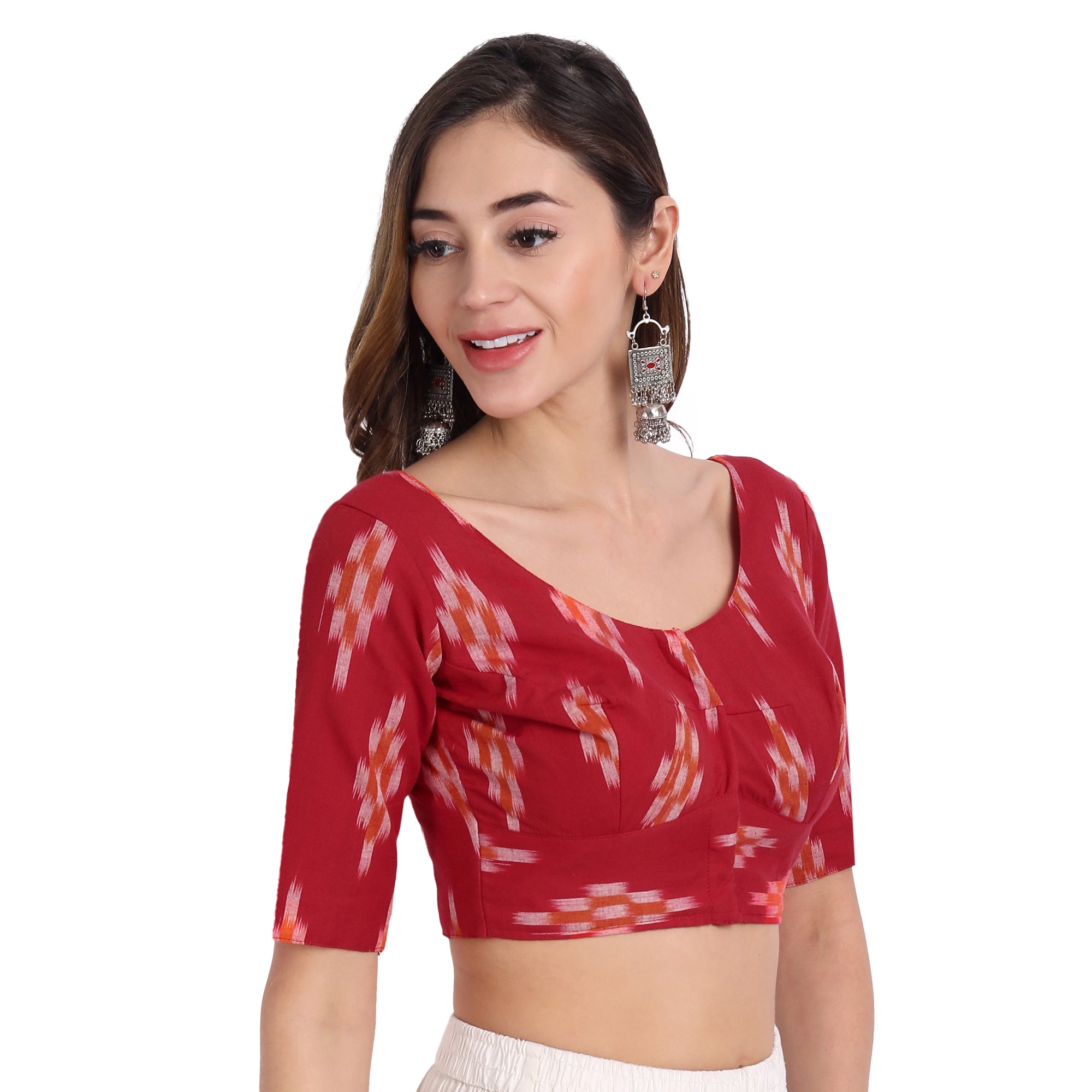 Ikkat Normal Cotton Elbow Length Sleeve Blouse, Red