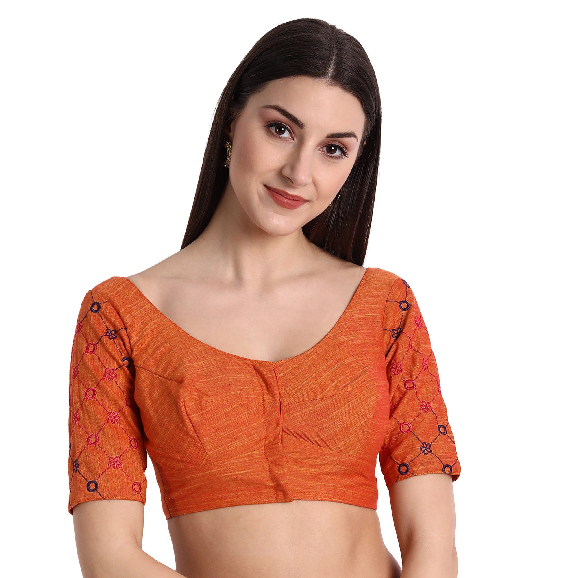 Cotton Sleeve Embroidered Blouse, Orange