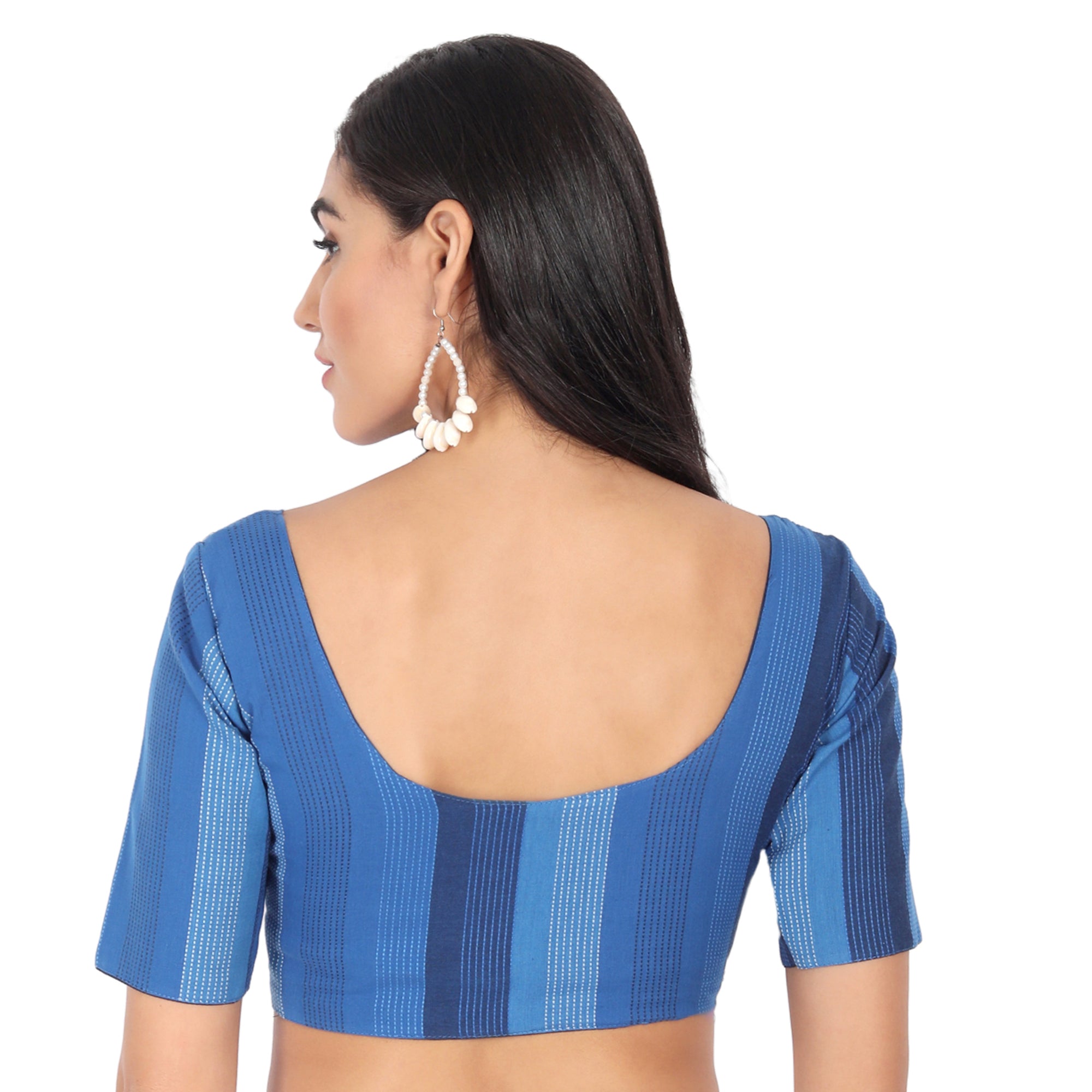 Cotton Stripe Normal Elbow Length Sleeve Blouse, Blue