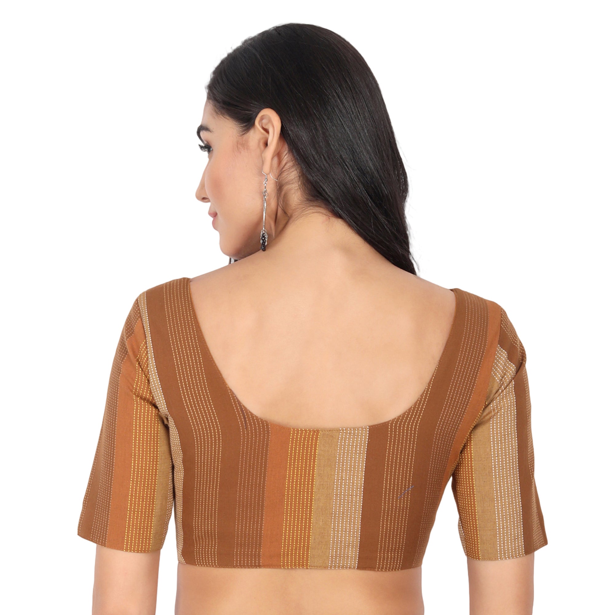 Cotton Stripe Normal Elbow Length Sleeve Blouse, Khaki