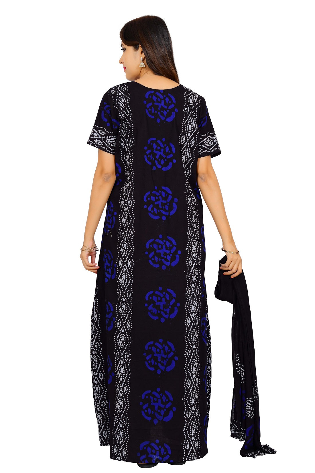 Batik Print Nighty with Shawl, Blue - JIS BOUTIQUE