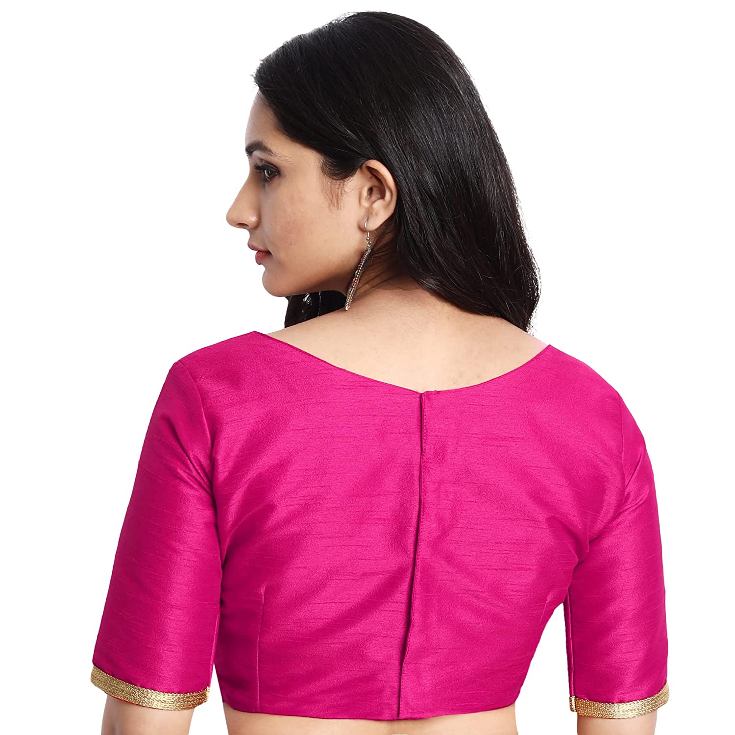 JISB Women's Raw Silk Elbow Sleeves Saree Blouse, Dark Pink