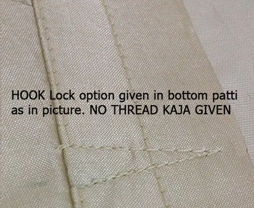 Close-up of a JIS BOUTIQUE Ikkat Normal Cotton Elbow Length Sleeve Blouse section with text overlay describing a feature: "hook lock option given in bottom patti as in picture. No thread kaja given.